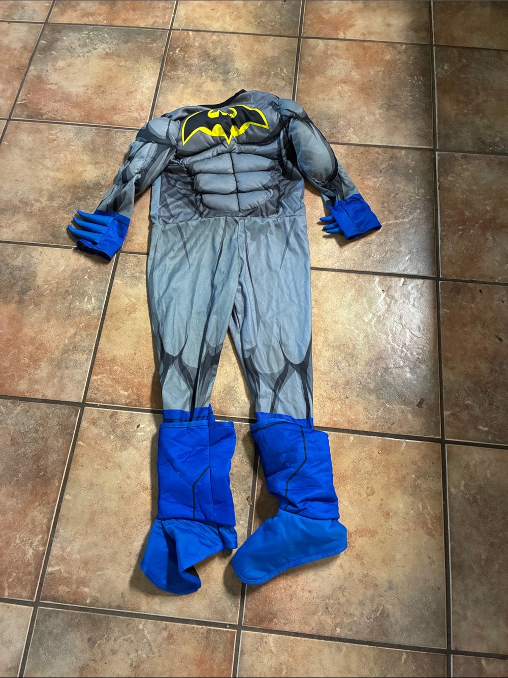 Kids Gray and Blue Superhero Muscle Costume with Bat Emblem Size Small!!